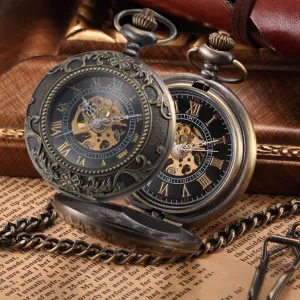 2016 Steampunk Skeleton Mechanical Bronze Pocket Watch Men Vintage Hand Wind Clock Necklace Pocket & Fob Watches With Chain