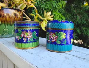 Antique Chinese Cloisonné Enamel Floral Cylindrical Trinket Box Ginger Jar Set