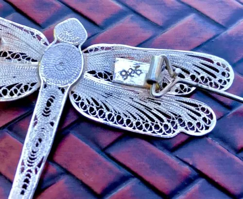 Antique Filigree Large Sterling Silver Dragon Fly Pin Brooch