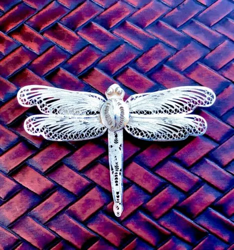 Antique Filigree Large Sterling Silver Dragon Fly Pin Brooch