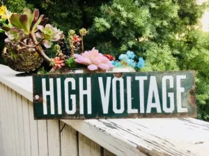 Antique Original Porcelain Green & White High Voltage Metal Sign