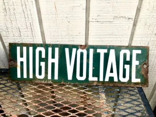 Antique Original Porcelain Green & White High Voltage Metal Sign