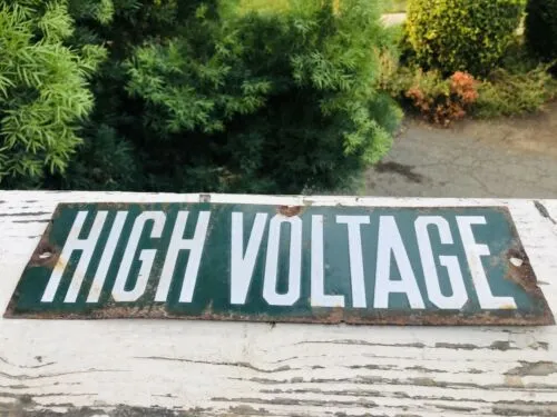 Antique Original Porcelain Green & White High Voltage Metal Sign