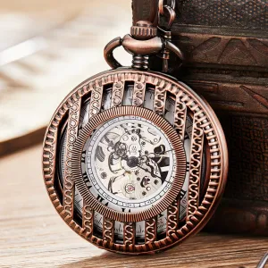 Antique Unisex Stripe Hollow Skeleton Round Dial Mechanical Pocket Watch