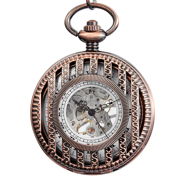 Antique Unisex Stripe Hollow Skeleton Round Dial Mechanical Pocket Watch