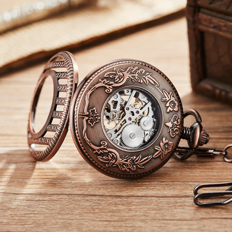 Antique Unisex Stripe Hollow Skeleton Round Dial Mechanical Pocket Watch