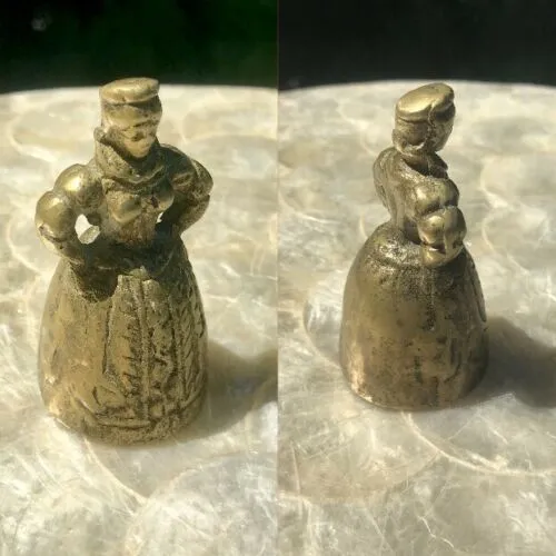 Antique Vintage Brass Victorian Lady Antebellum w Bonnet Bells Set Of 2