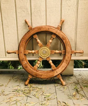 Antique Vintage Nautical Ship's Wooden Brass Ship Steering Wheel Boat Decor