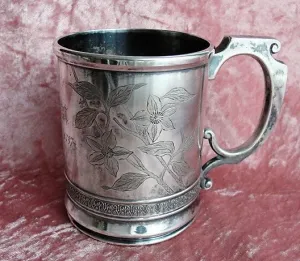 BEAUTIFUL Antique Victorian Silver Baby Cup Christening Mug Floral Engraved Meridan Silver Dated July 31st 1887 Collectible Silver