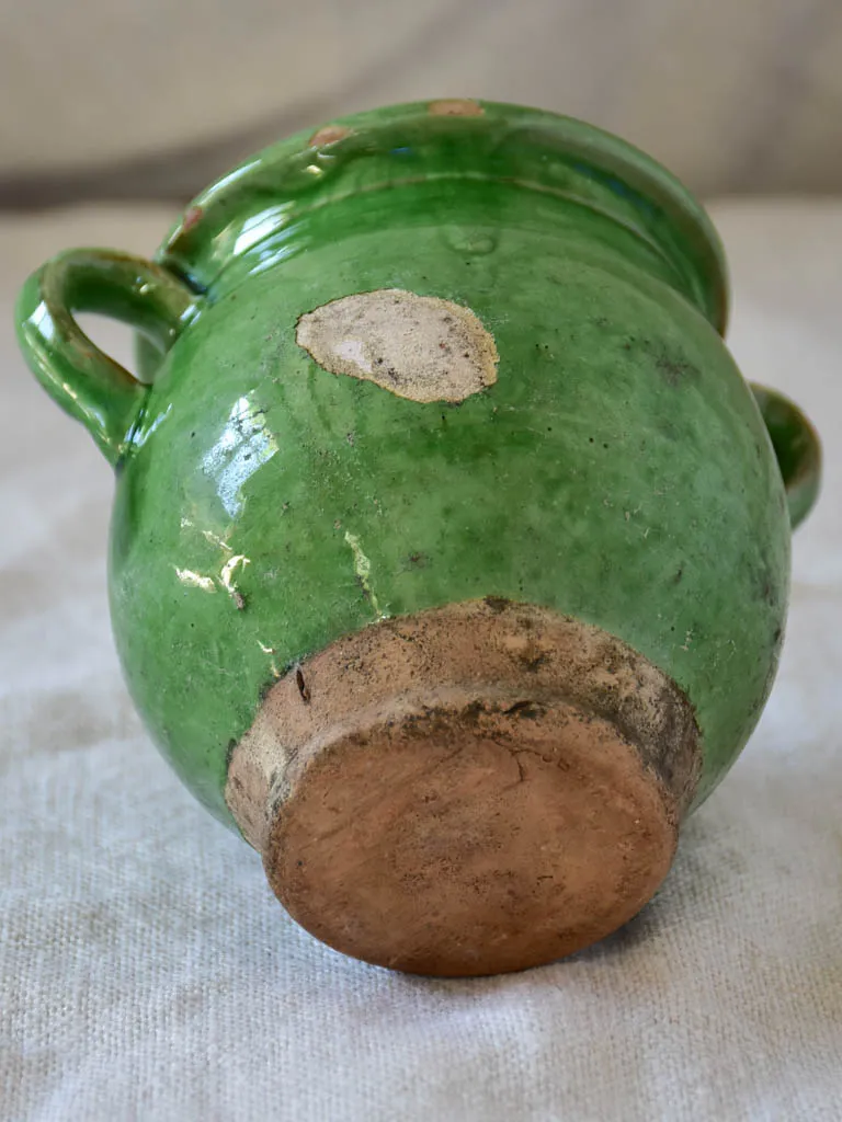 Miniature antique French confit pot with green glaze 4"