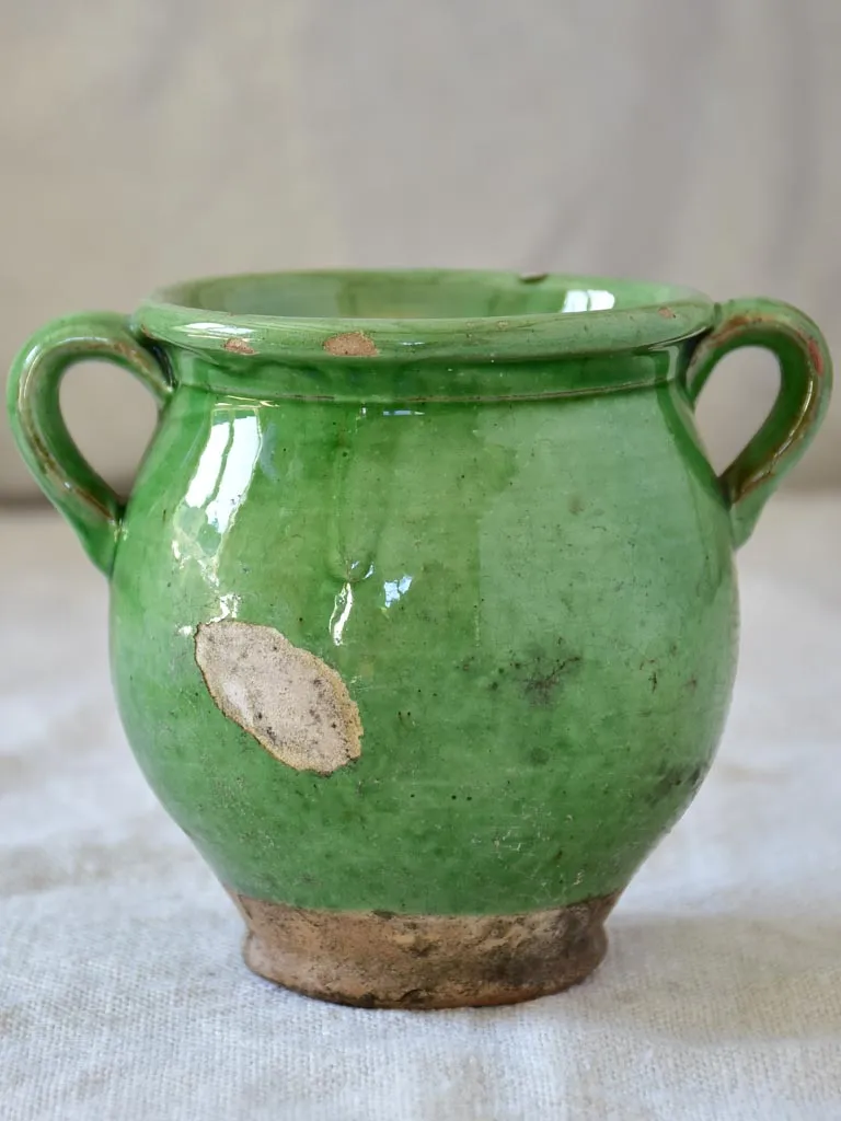 Miniature antique French confit pot with green glaze 4"