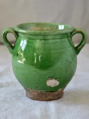 Miniature antique French confit pot with green glaze 4"