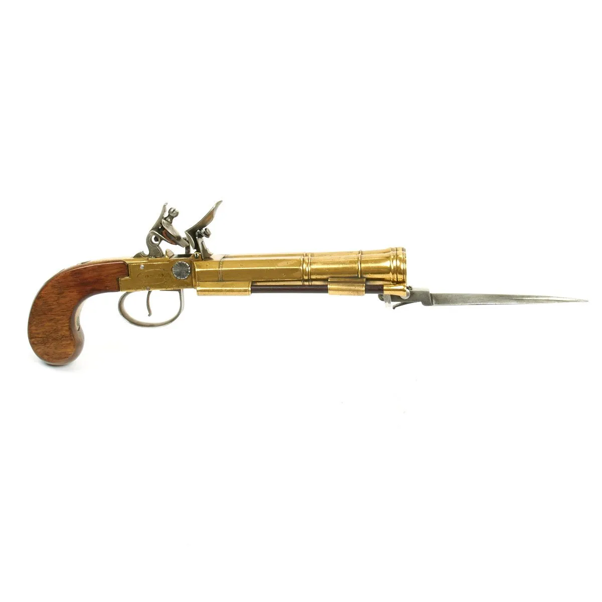 Original British Circa 1790 Flintlock Double Brass Barrel Blunderbuss Pistol with Spring Bayonet by Dawes