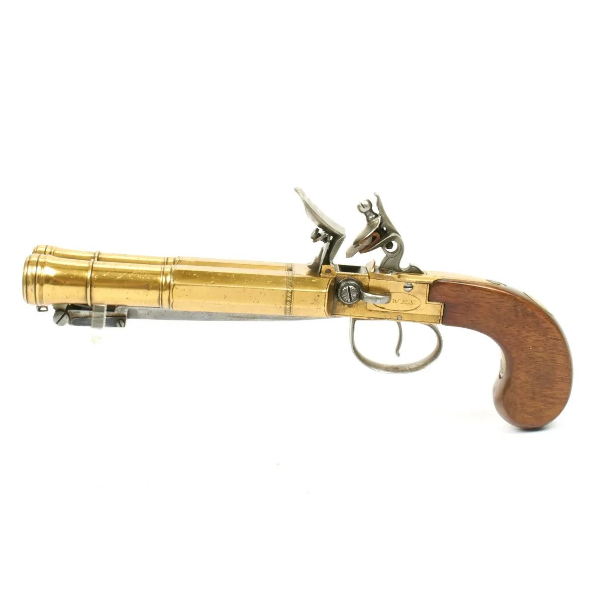 Original British Circa 1790 Flintlock Double Brass Barrel Blunderbuss Pistol with Spring Bayonet by Dawes