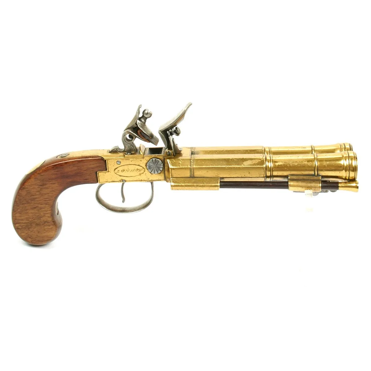 Original British Circa 1790 Flintlock Double Brass Barrel Blunderbuss Pistol with Spring Bayonet by Dawes