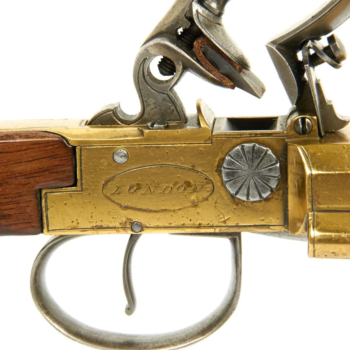 Original British Circa 1790 Flintlock Double Brass Barrel Blunderbuss Pistol with Spring Bayonet by Dawes