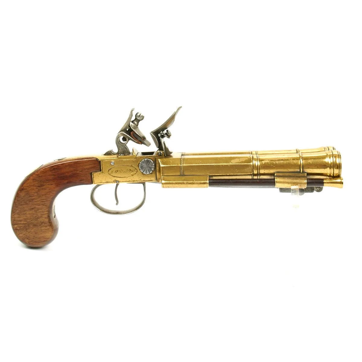 Original British Circa 1790 Flintlock Double Brass Barrel Blunderbuss Pistol with Spring Bayonet by Dawes