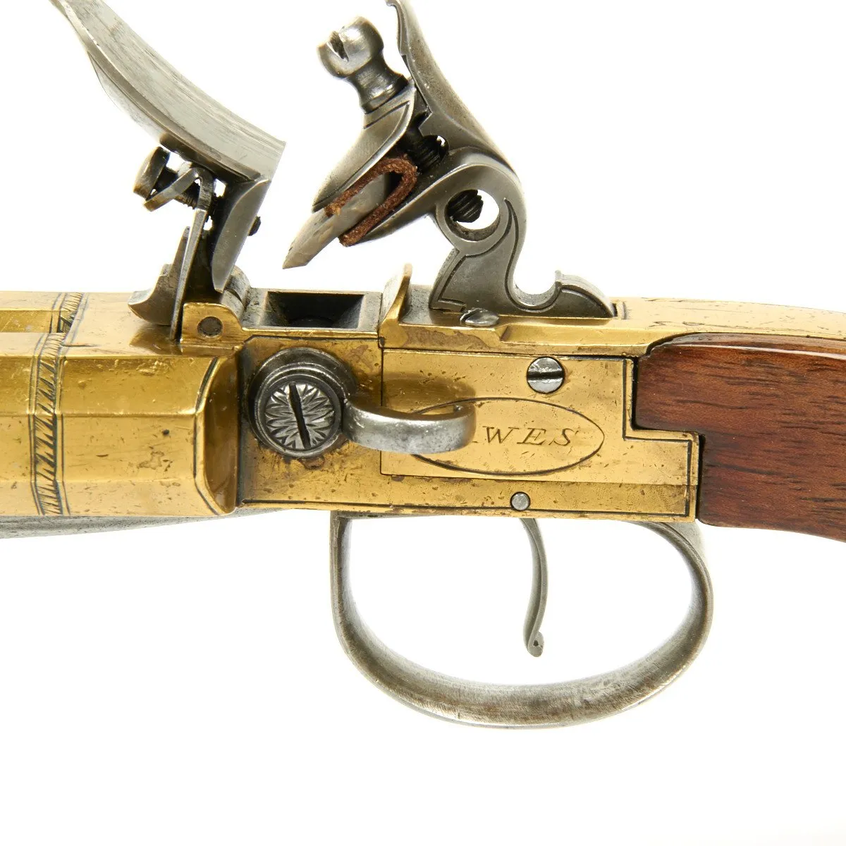 Original British Circa 1790 Flintlock Double Brass Barrel Blunderbuss Pistol with Spring Bayonet by Dawes