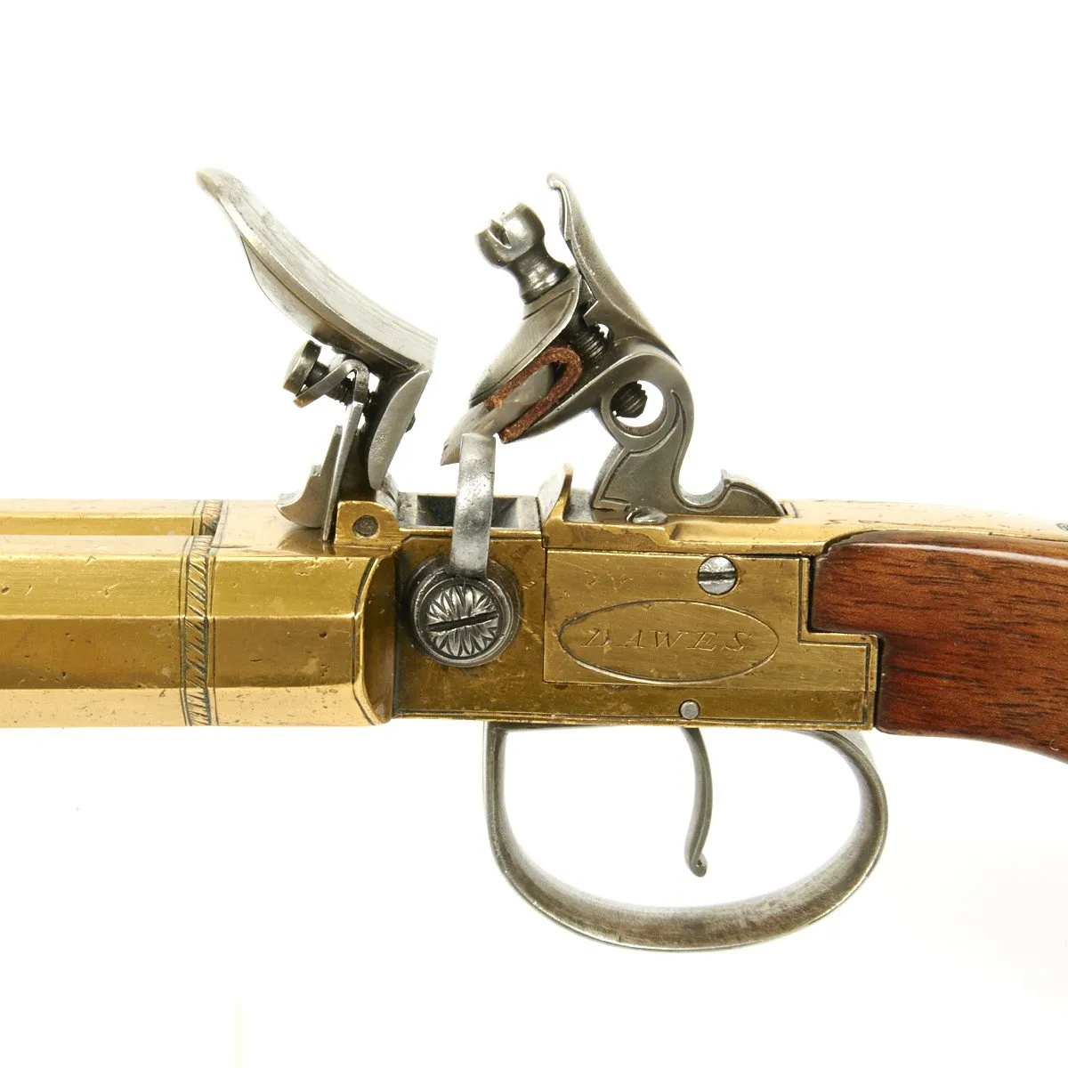 Original British Circa 1790 Flintlock Double Brass Barrel Blunderbuss Pistol with Spring Bayonet by Dawes