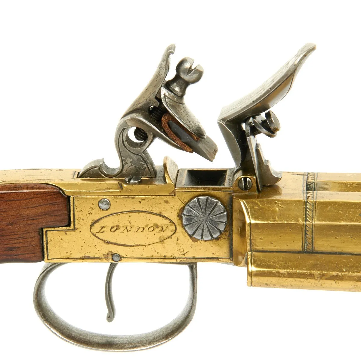 Original British Circa 1790 Flintlock Double Brass Barrel Blunderbuss Pistol with Spring Bayonet by Dawes