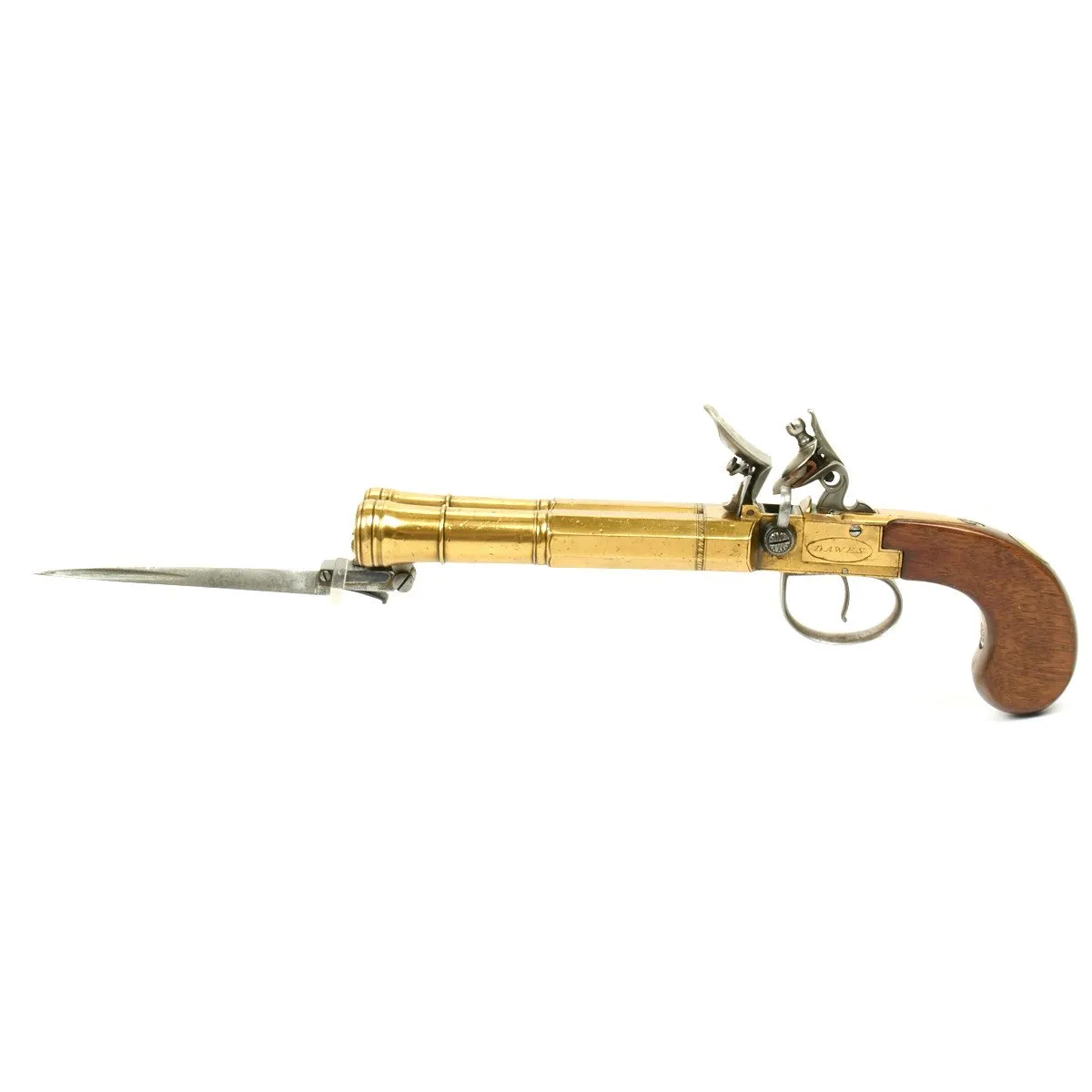 Original British Circa 1790 Flintlock Double Brass Barrel Blunderbuss Pistol with Spring Bayonet by Dawes