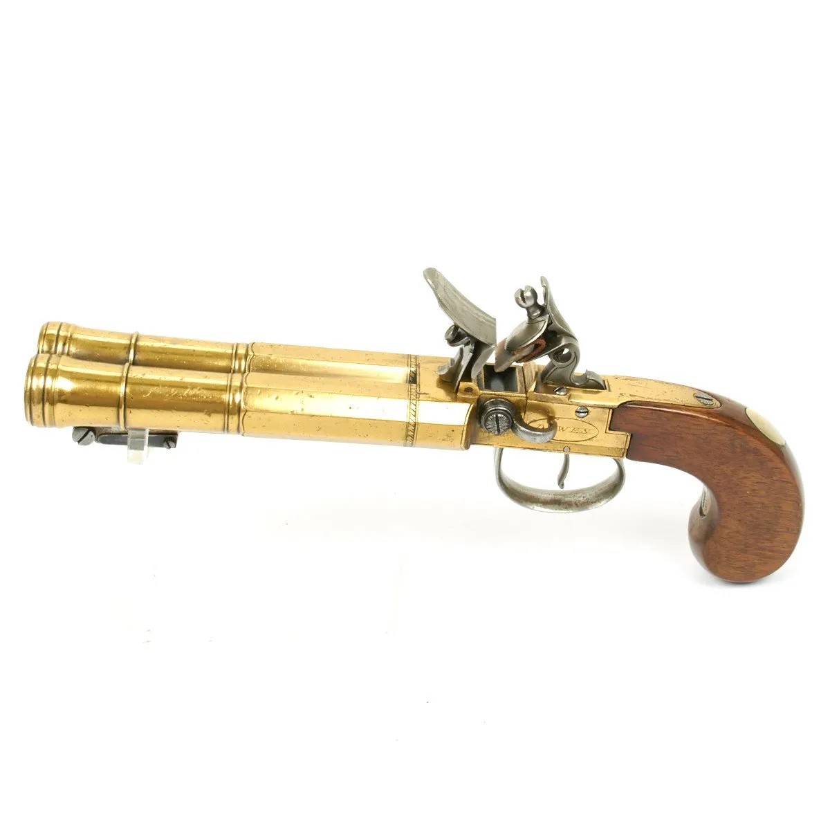 Original British Circa 1790 Flintlock Double Brass Barrel Blunderbuss Pistol with Spring Bayonet by Dawes