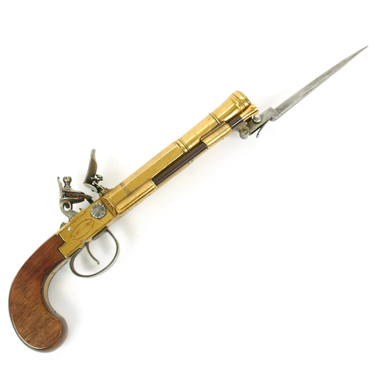 Original British Circa 1790 Flintlock Double Brass Barrel Blunderbuss Pistol with Spring Bayonet by Dawes