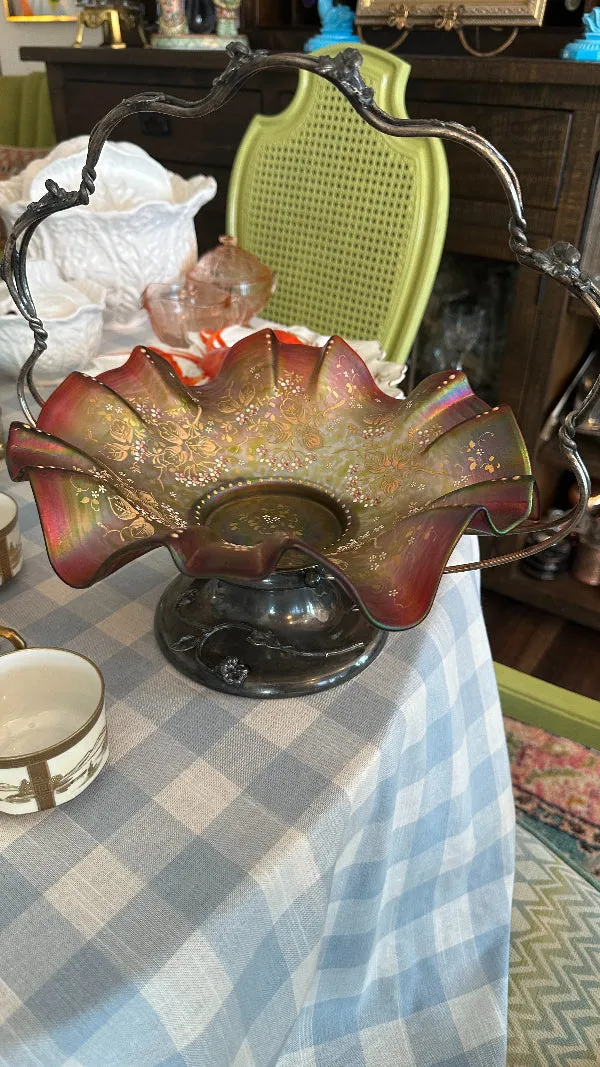 Rare Antique Victorian Bridal Basket with Bowl, Coin and Sterling Silver Frame, Lily Accent, Carnival Glass Ruffle Edge Bowl, Hand Painted, Forbes Silver Co. Quadruple 484