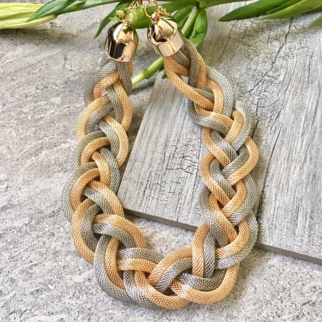 ROSE GOLD SILVER METAL WOVEN TWIST CHUNKY CHAIN NECKLACE