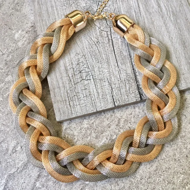 ROSE GOLD SILVER METAL WOVEN TWIST CHUNKY CHAIN NECKLACE