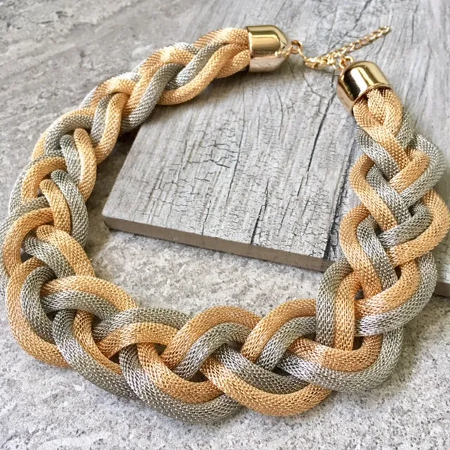 ROSE GOLD SILVER METAL WOVEN TWIST CHUNKY CHAIN NECKLACE