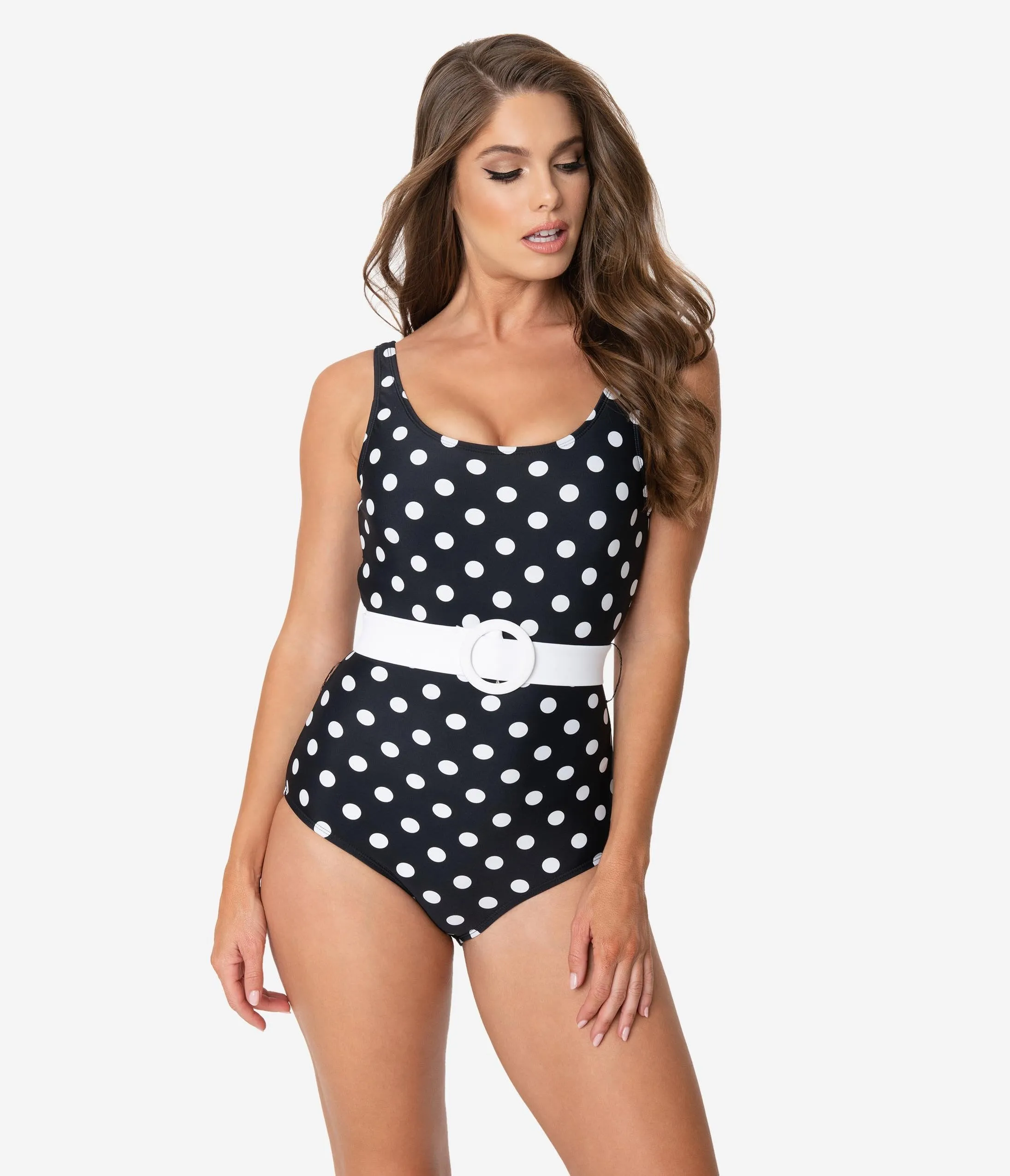 Unique Vintage Black & White Polka Dot Belted Huntington Swimsuit